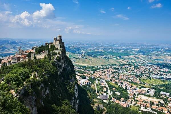 Aerial view of Guaita fortress in San Marino overlooking the city.