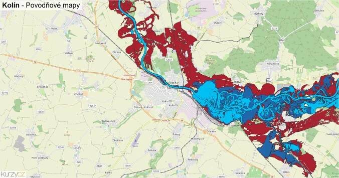 Povodňové mapy Kolín - mapa stoleté vody | Kurzy.cz