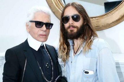 Fashion designer Karl Lagerfeld and Actor Jared Leto pose backstage after the Chanel show as part of Paris Fashion Week - Haute Couture Fall/Winter 2014-2015. Held at Grand Palais on July 8, 2014 in Paris, France.