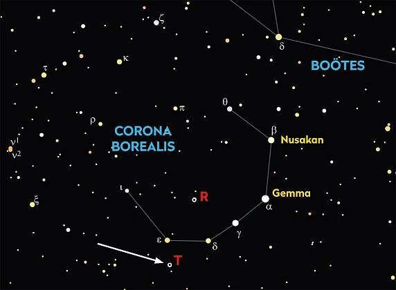 Chart showing the location in the sky of the T Coronae Borealis nova event. Credit: Pete Lawrence