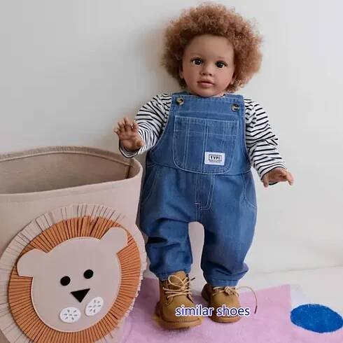 25 inch realistic boy vinyl   doll with brown   afro hair black   lined denim overalls dark brown light beige cloth body collectible gift for kids birthday holiday christmas