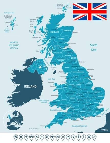 Velká Británie mapa, vlajka a navigační štítky - ilustrace. — Ilustrace