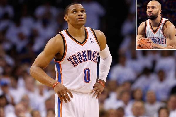 Russell Westbrook, main, has good things to say about Derek Fisher, inset.