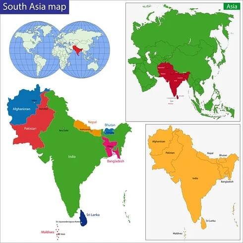 Jižní Asie mapa — Ilustrace