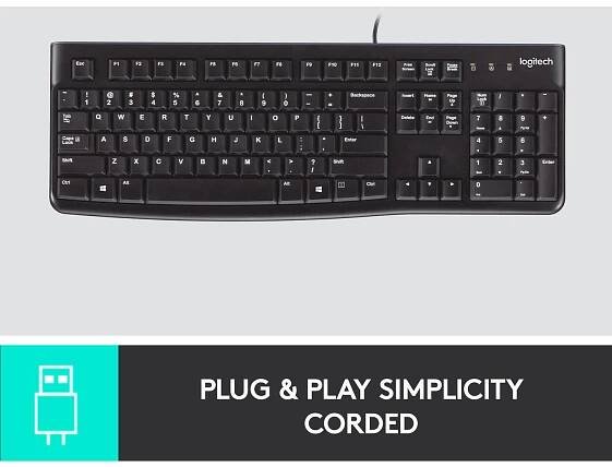 Logitech K120 Keyboard kabelový, USB klávesnice německá, QWERTZ černá odolné proti stříkající vodě