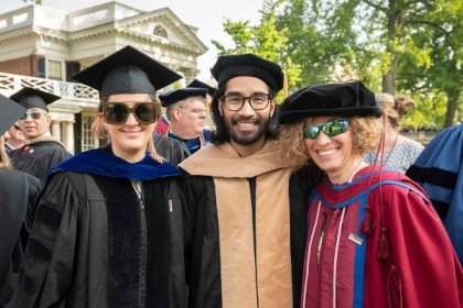Hachem, left, was selected by her students as a faculty marshal, an honor that meant she led them down the Lawn for Final Exercises this year. (Photo by Sanjay Suchak, University Communications)