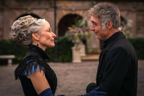 Amelia Bullmore and Greg Wise in "The Buccaneers," now streaming on Apple TV+.