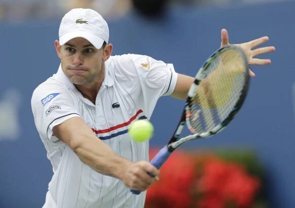 FILE – Andy Roddick returns a shot to Italy’s Fabio Fognini in the third round of play at the 2012 US Open tennis tournament, Sept. 2, 2012, in New York. The latest in a series of attempts to help pickleball find a footing on television is coming Sunday, April 2, 2023, when Roddick, John McEnroe, Andre Agassi and Michael Chang take part in a made-for-TV exhibition in Hollywood, Florida. (AP Photo/Mike Groll, File)