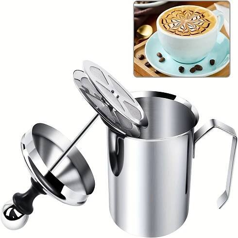 2pcs 13.53oz Stainless Steel Manual Milk Frother - Dual Foam Mesh for Cappuccino & Coffee, Handheld Whisk with Clamp Attachment, No Electricity Requir