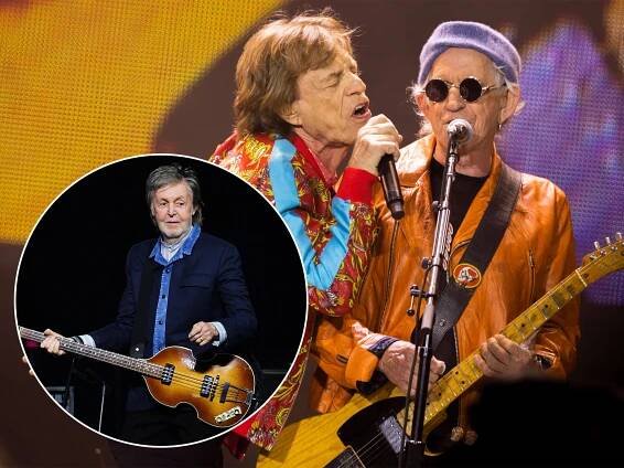 Mick Jagger and Keith Richards of the Rolling Stones [main], Beatles legend Paul McCartney [inset]