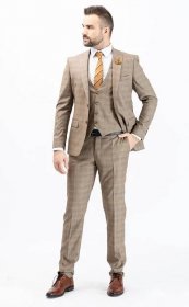 Béžový pánský oblek Slim Fit s vestou, model Sebastian | PACO ROMANO