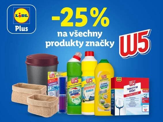 Reklama na Lidl Plus s 25% slevou na čisticí prostředky značky W5, včetně tablet do myčky a čističů.