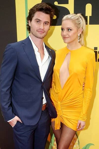Chase Stokes and Kelsea Ballerini pose at the opening night of the new musical "Shucked" on Broadway at The Nederlander Theatre on April 4, 2023 in New York City.
