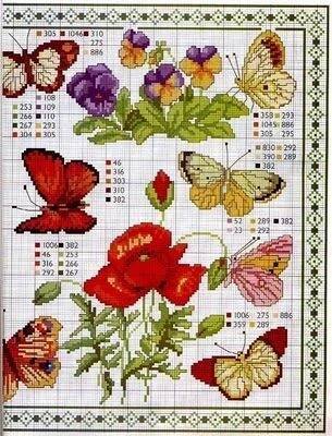 a cross stitch pattern with butterflies and flowers