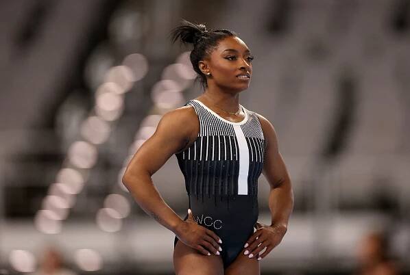 Simone Biles competing in a gymnastics championship