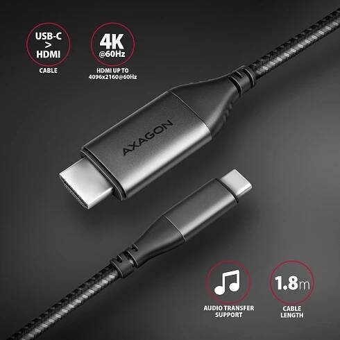 AXAGON RVC-HI2MC, USB-C -> HDMI 2.0 cable 1.8m, 4K/60Hz HDR10, metal case, braided