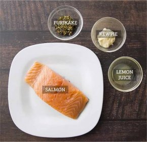 Furikake salmon ingredients, salmon, furikake, kewpie and lemon juice.