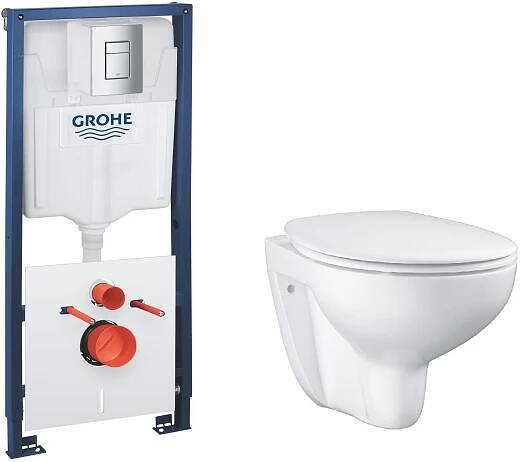 Sada podomítkový WC modul s tlačítkem a těsněním Grohe Solido 39930000, WC mísa se sedátkem s pomalým sklápěním Grohe Bau Ceramic 39351000