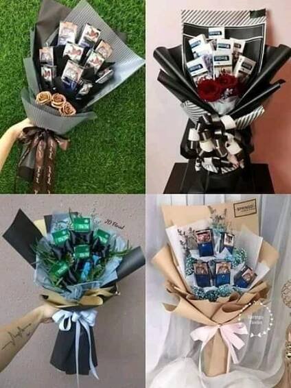 four different bouquets are arranged in the same collage, each decorated with photos and ribbons