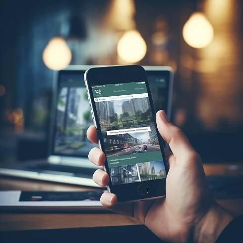 Ein Smartphone in einer Hand zeigt eine responsive Website mit Stadtansicht und Informationen.