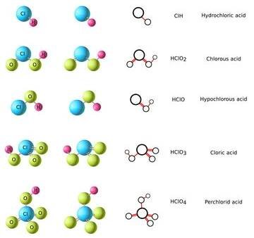 Molecule of Hydrochloric acid, Chlorous acid, Chloric acid, Hypochlorous acid and Perchloric acid 