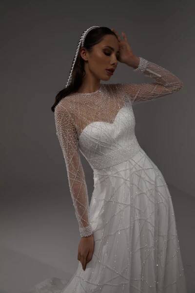Gabrielle dress without rhinestones, 2022, couture, dress, bridal, off-white, embroidery, sleeves, train