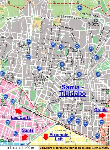 Mapa zobrazující parkoviště v blízkosti Sarria Tibidabo v Barceloně, Španělsko. Kliknutím na modré popisky parkovišť se dostanete na stránku s podrobnými informacemi o daném parkovišti.
