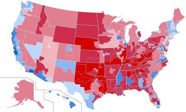 Výsledky dle kongresových volebních obvodů      Clintonová   >90 %      Clintonová 80–90 %      Clintonová 70–80 %      Clintonová 60–70 %      Clintonová 50–60 %      Clintonová 40–50 %      Trump 30–40 %      Trump 40–50 %      Trump 50–60 %      Trump 60–70 %      Trump 70–80 %      Trump 80–90 %