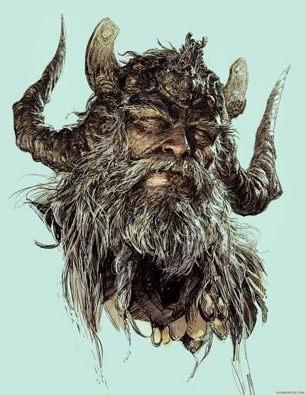 a black and white drawing of an evil looking man with long, horned horns on his head