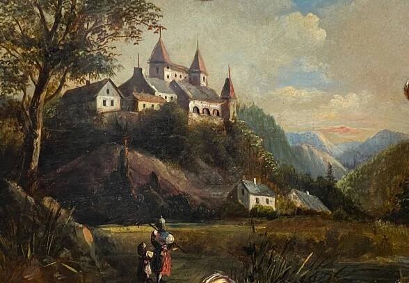 Veduta s hradem a figurální stafáží - A. B - Galerie umění