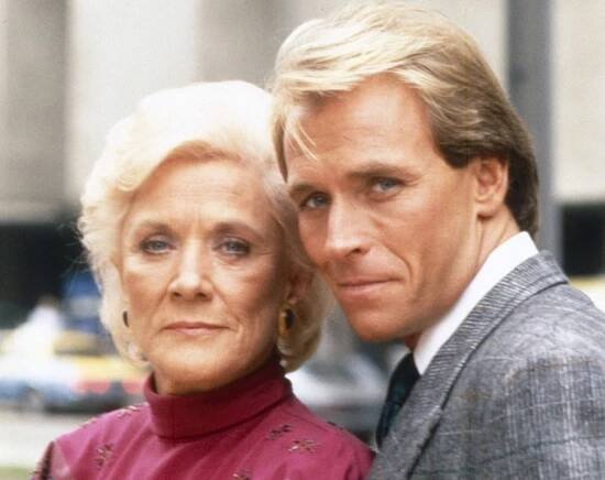 L.A. LAW, from left: Jeanne Cooper, Corbin Bernsen, 'Fry Me to the Moon', season 1, ep. 10, aired 12/4/1986, 1986-1994. / TM & Copyright © 20th Television. All rights reserved. /Courtesy Everett Collection