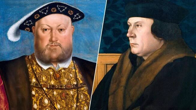 Split color image of Henry VIII, c 1537 painted by H. Holbein; Sir Thomas Cromwell, c 1532 painted by H. Holbein.