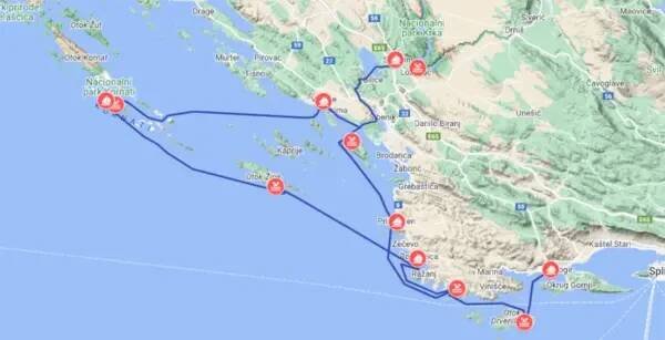 Mapa trasy Trogir - Drvenik Veli - Primošten - Skradin - Vodice - Piškera (ostrov Piškera, Národní park Kornati) - Rogoznica - Trogir