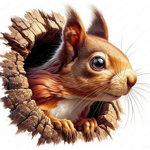 a painting of a squirrel in a hole