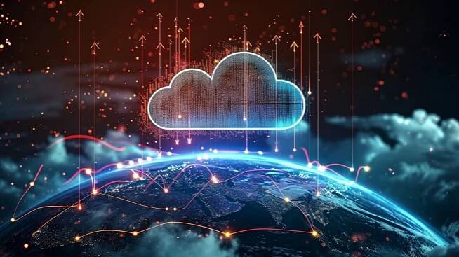 Hyperscale Forms Backbone of Digital Cloud Computing Over Earth At Night
