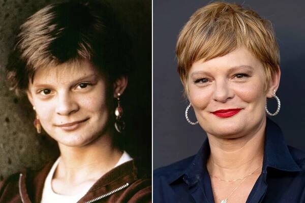 THE GOONIES, Martha Plimpton, 1985. ©Warner Bros. Pictures/Courtesy Everett Collection; HOLLYWOOD, CALIFORNIA - AUGUST 14: Martha Plimpton attends the red carpet premiere of Freevee's 'Sprung' at Hollywood Forever on August 14, 2022 in Hollywood, California. (Photo by Emma McIntyre/Getty Images)