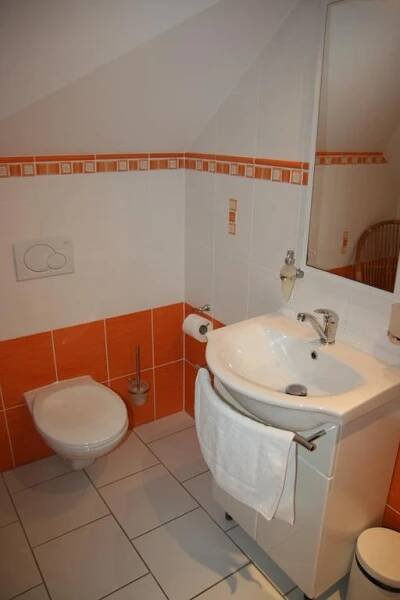 a bathroom with a sink and a toilet at Hotel Praha Potštejn in Potštejn