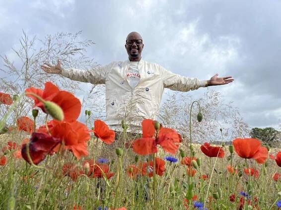 Yared Dibaba im Kornblumenfeld. Der NDR-Entertainer besucht vom 13. bis 15. September die Gemeinde Brockum, die Teil der Doku-Serie „Yared kommt rum“ wird. - Foto: NDR