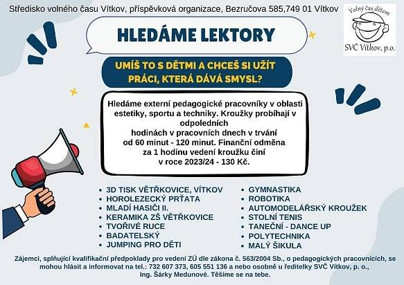 CHCEŠ BÝT LEKTOR V SVČ VÍTKOV? – Středisko volného času Vítkov, příspěvková organizace.