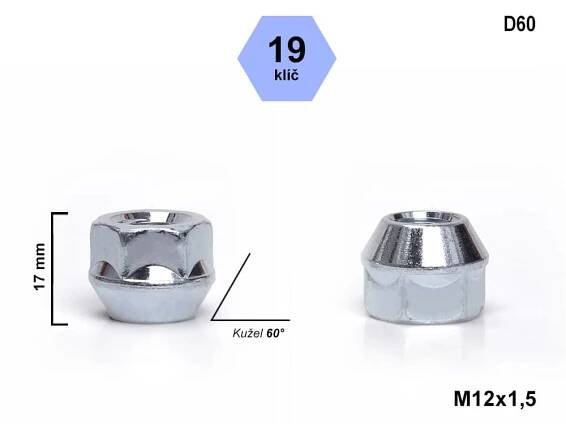 Kolová matice M12x1,5 kužel otevřená, klíč 19, D60, FORD, VOLVO, výška 17 mm - SHELLERS