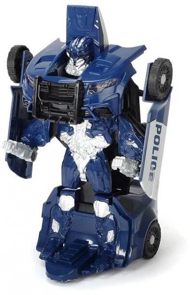 Modrý transformátorový robot, který se mění na policejní auto.