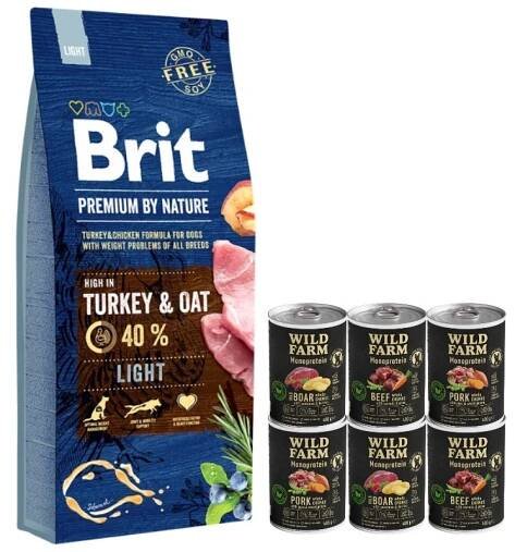 Brit Premium By Nature Light 15kg & WILD FARM Monoprotein Mix chutí 6x400g hypoalergenní krmivo pro psy