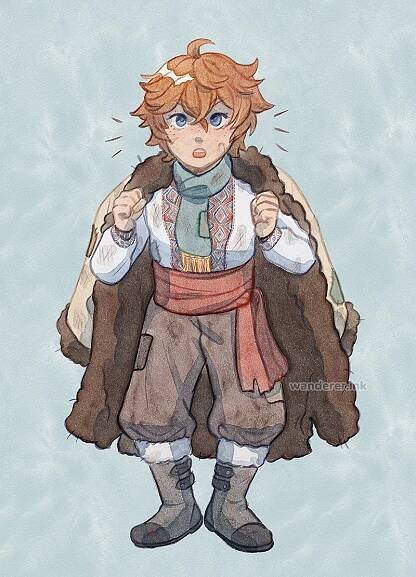 a digital fullbody drawing of young ajax from genshin impact, imitating style of a traditional watercolour painting. he is redesigned to have more traditional-looking clothing, inspired by ukrainian cossacks and ukrainian clothing in general. he is wearing a vyshyvanka with geometric red and blue-green embroidery, a blue-green scarf, a red sash tied around his middle, and brown sharovary tucked into boots. he has a kozhuh hanging off his shoulders keeping him warm. all his clothes look tattered and patched up to show the wear from battling as well as him coming from poverty. ajax has an excited, determined expression with his fists raised up.