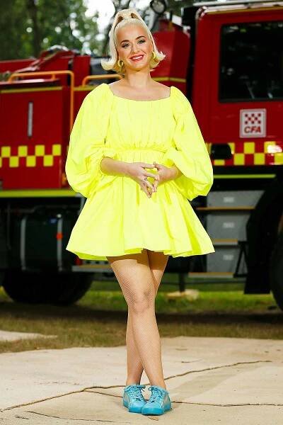 Katy Perry poses for a photograph on March 11, 2020 in Bright, Australia. The free Fight On concert was held for for firefighters and communities recently affected by the devastating bushfires in Victoria.