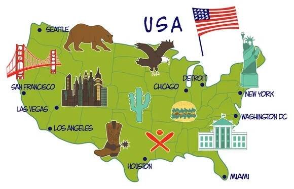 Mapa Usa s typickými rysy — Ilustrace