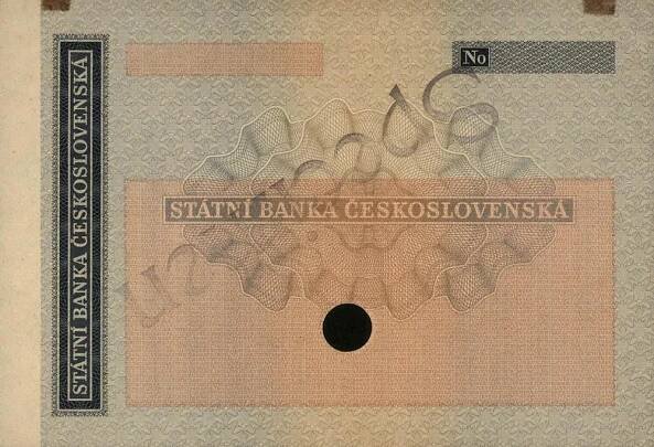 Šek Státní banka československá SBČS, vzorek šeku - specimen