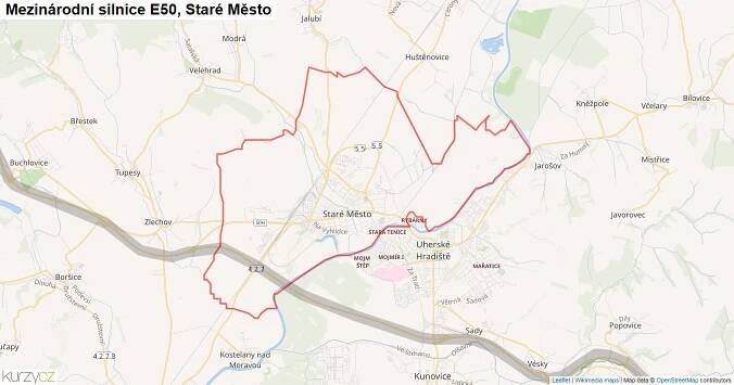 Staré Město, Silnice E50 - Mapa