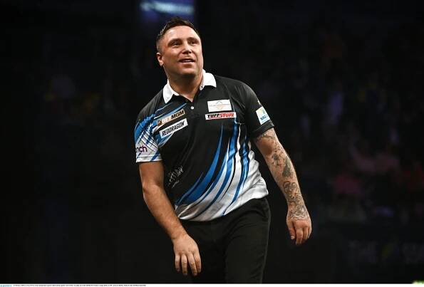 6 February 2025; Gerwyn Price reacts during their quarter-final match against Chris Dobey on night one of the BetMGM Premier League Darts at SSE Arena in Belfast. Photo by Ben McShane/Sportsfile