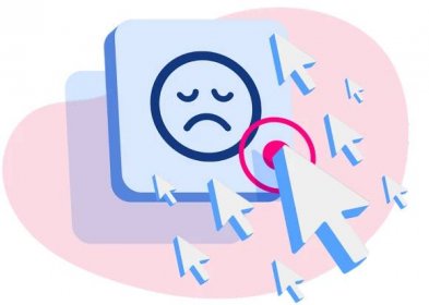An illustration of a frown face icon surrounded by cursors.