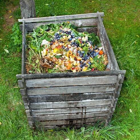 Koš na kompostu v zahradě. Kompostování hromádka hnijícího kuchyňského ovoce a zeleniny zbytky — Stock obrázek